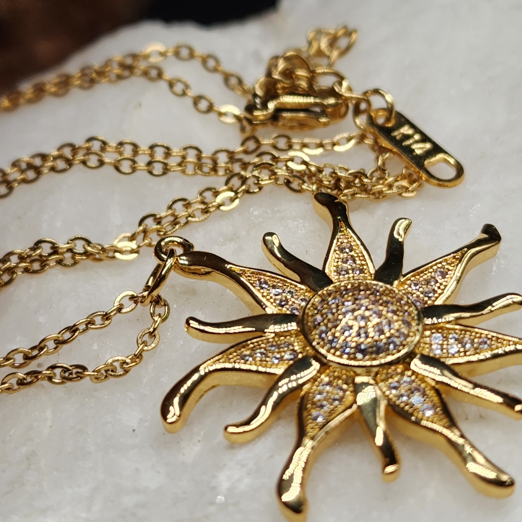 Rhodium 14k Gold Plated Chine Sun Pendant White Topaz Stones Hypoallergenic